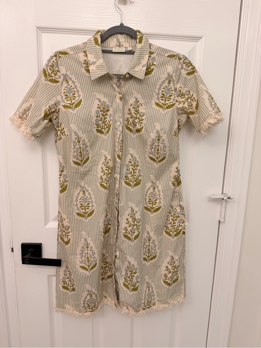 Spartina 449 Cream and Olive Green Floral Button-Front Shirt Dress